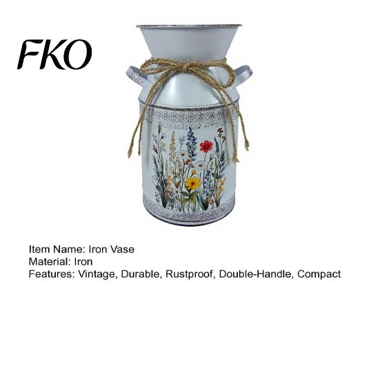 Farmhouse Decor Vase Vintage Iron Flower Bucket, Rustic White Double-Handle Metal with Floral Print & Jute Dried Holder Bow, Tabletop for