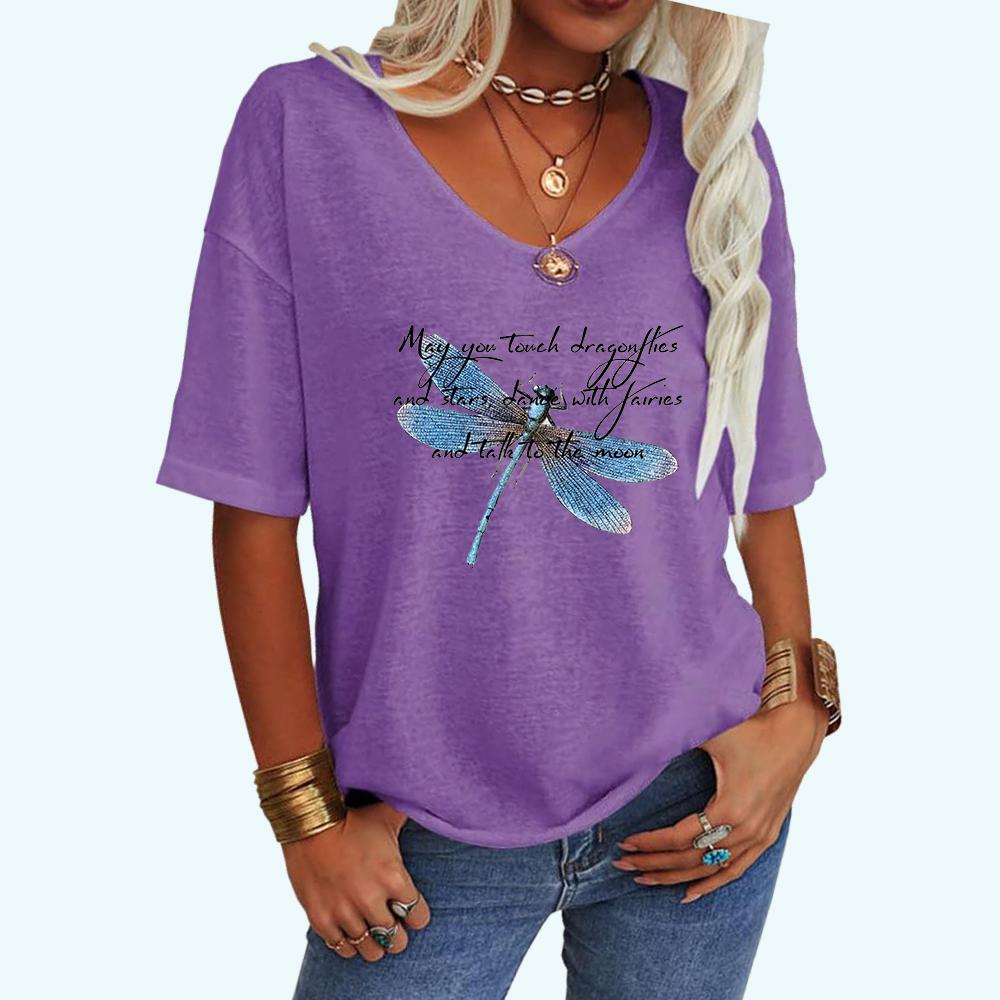 Женская модная свободная футболка с V-образным вырезом, летний топ с принтом стрекозы, короткий рукав, футболка