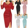 Women's Solid Color Package Hip Slim Sexy V-Neck Long Sleeve Dress Pleated Split Dress