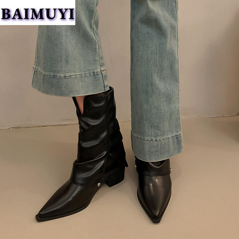 Сексуальные туфли на среднем каблуке с острым носком, женские ботильоны, тренд 2025 года, массивные модные туфли-лодочки для офиса, новые туфли для вечеринок в стиле панк-женщины