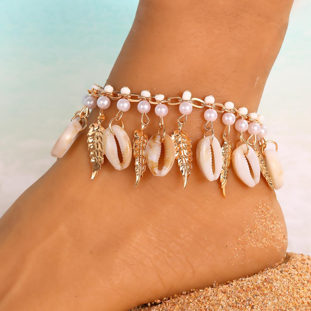 High Quality 2026 Retro Ethnic Style Anklet Bohemian Personality Fashion Shell Pearl Beach Vacation Foot Accessories