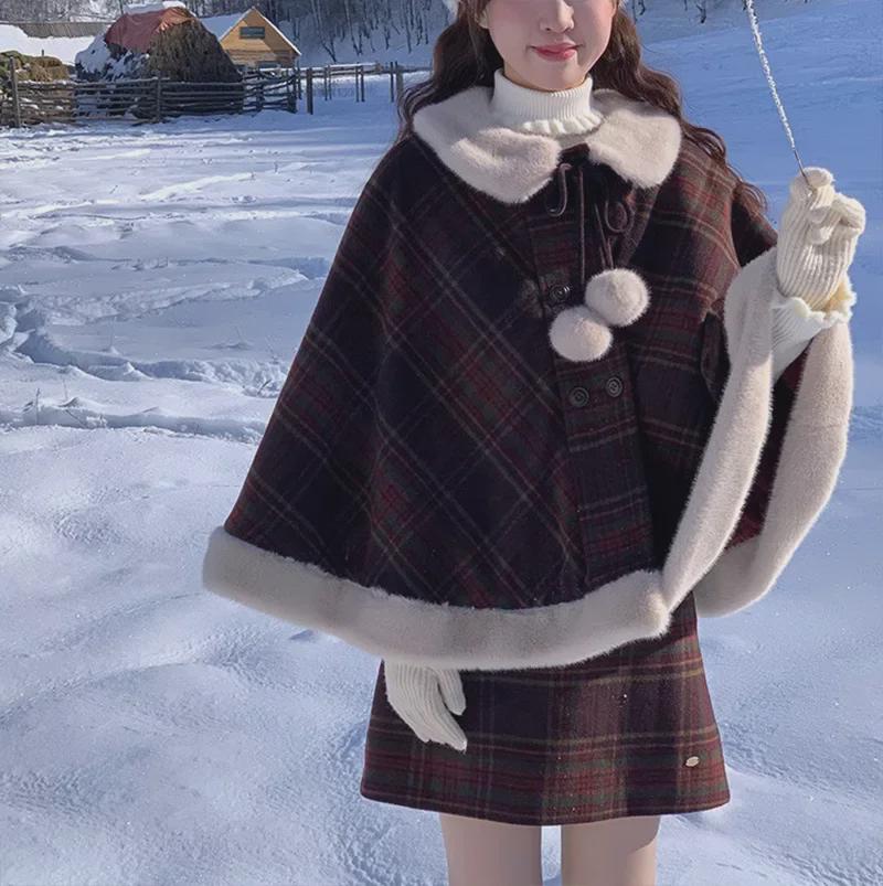 YQGFS Women's Red Plaid Wool Cape Coat and A-Line Skirt Set for Autumn/Winter