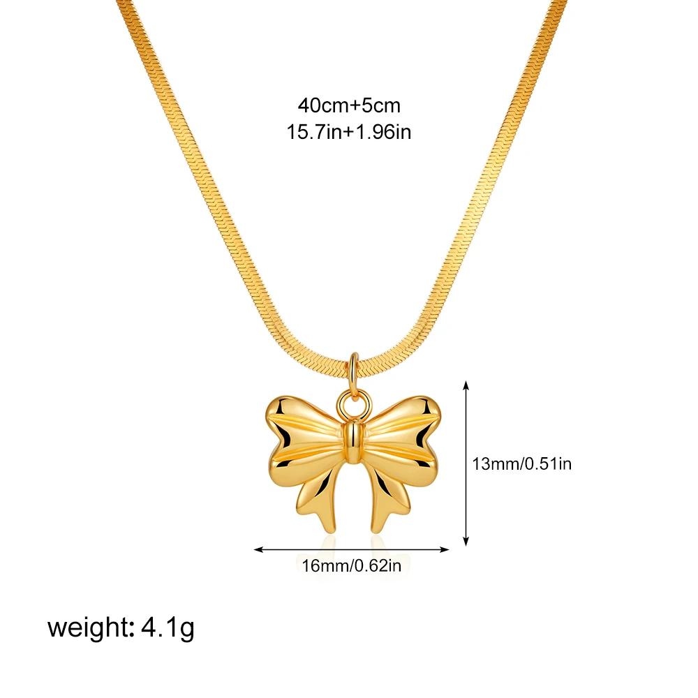 Dainty Bowknot Pendant Necklace for Women Stainless Steel 18k Gold Plated Falt Snake Chain Choker Bow Necklaces Vintage Zircon
