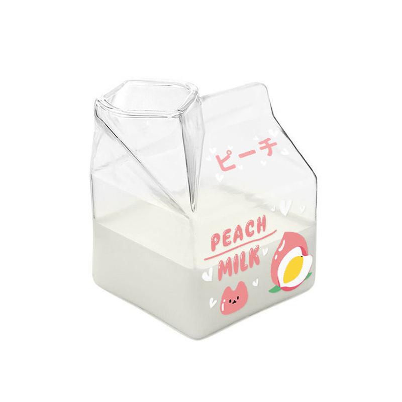 1PC Cute Square Breakfast Cups Kawaii Bottle Milk Carton Clear Wine Container Glass