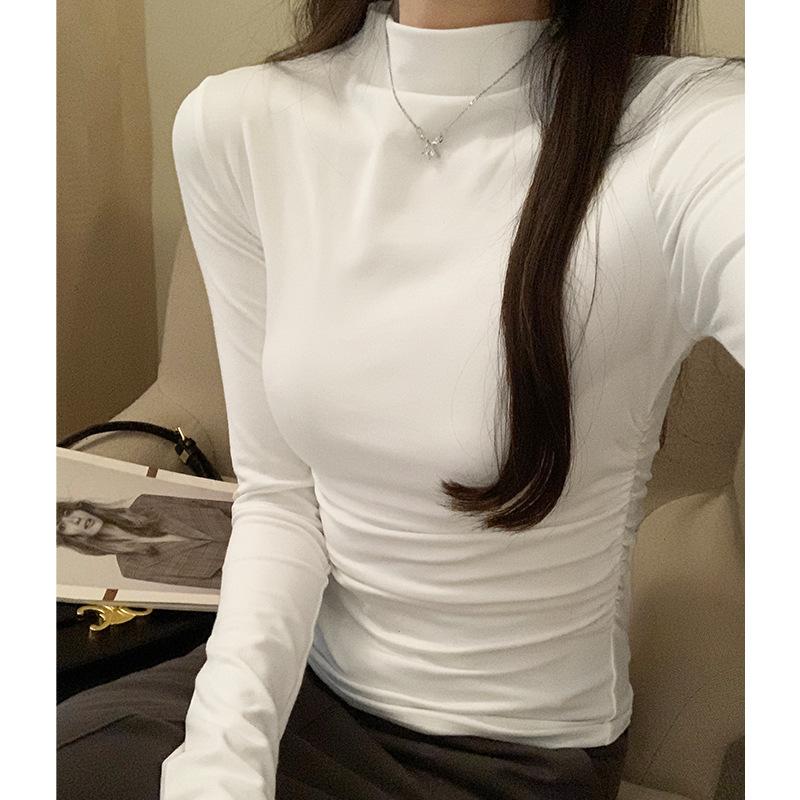 Полуводолазка с плиссированным дизайном, утягивающая талию, утягивающая рубашка для женщин, осень и зима, новая однотонная футболка с длинными рукавами