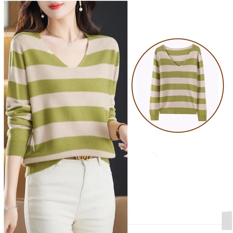 V-neck Striped Knitted Bottom Shirt Spring Autumn New Women's Loose Thin Sweater Top Long Sleeve Blouse S-4XL