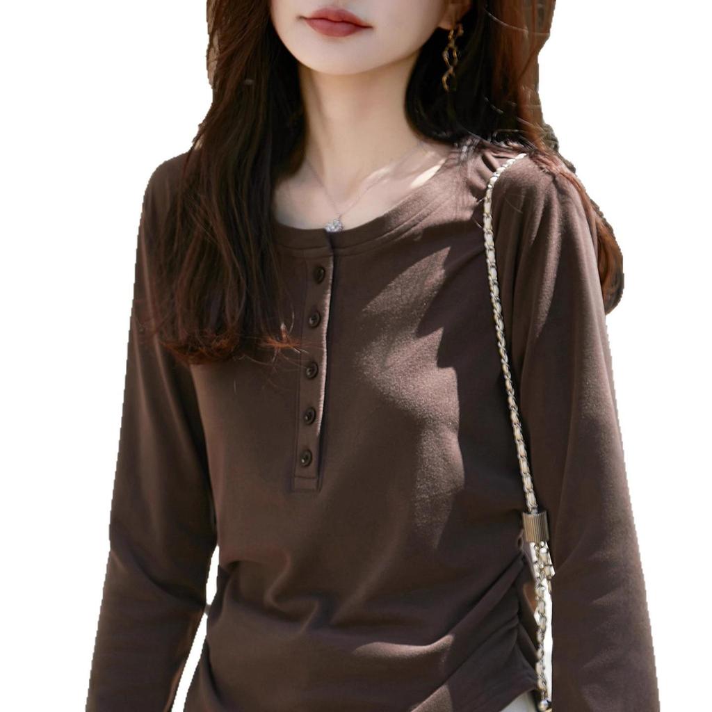 Женский трикотажный топ с длинными рукавами и плиссировкой высокого класса - Круглый вырез, Модный и удобный для осени/зимы