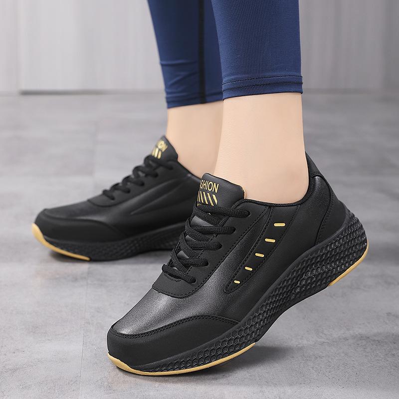 Fashion Spring Black Leather Sneakers Woman Casual Sneakers Lace Up Flats Lightweight Outdoor Anti-slip Sport Black Running Shoes Ladies