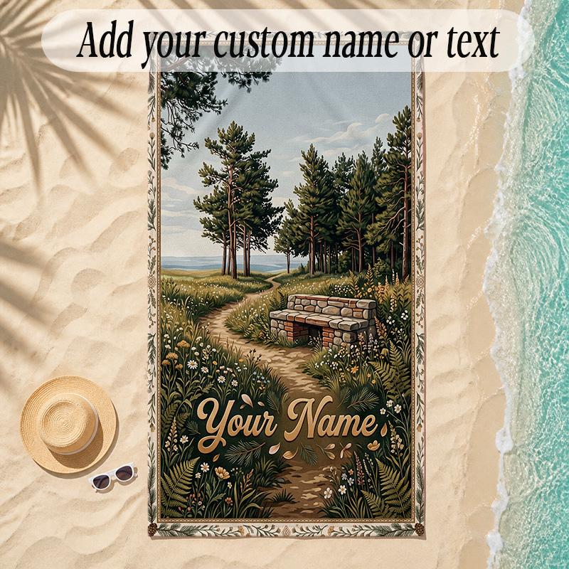 Forest Theme Soft Beach Towel Personalized Custom Name Text Towel Portable for Beach Pool Travel