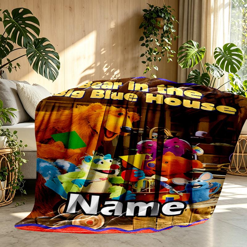 Custom Name Personalized Bear in the Big Blue House Print Blanket, Home Decor, Bedroom, Sofa, Camping, Couch, Gifts for Birthday Christmas