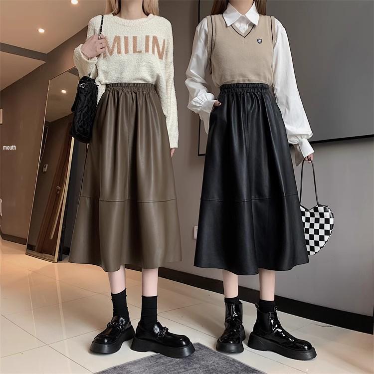 2024 High Waist A-line Leather Midi Skirt for Women - Autumn/Winter Slimming Umbrella Skirt