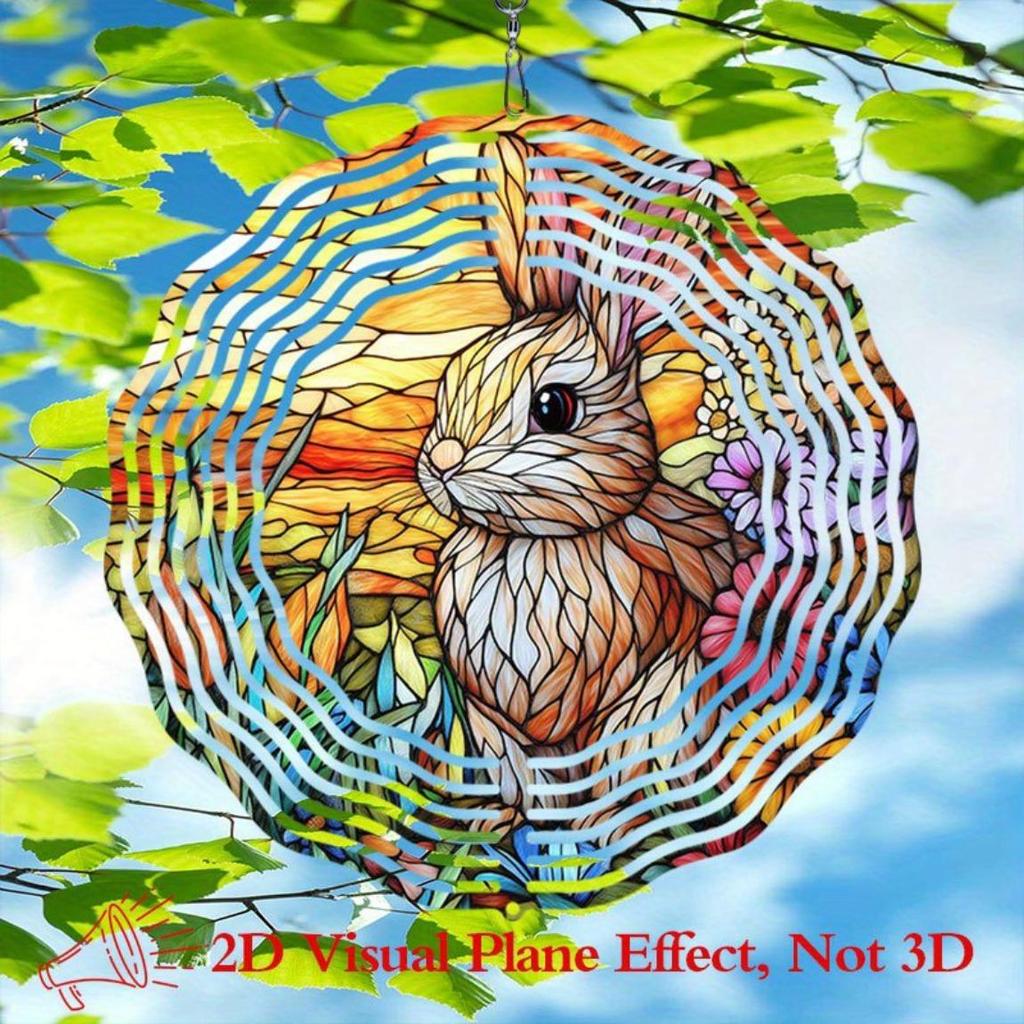 Stained Glass Rabbit Floral Wind Chime 10 Inch Double Sided Rotating Garden Decor for Outdoor Indoor Patio Porch Yard Wall Art