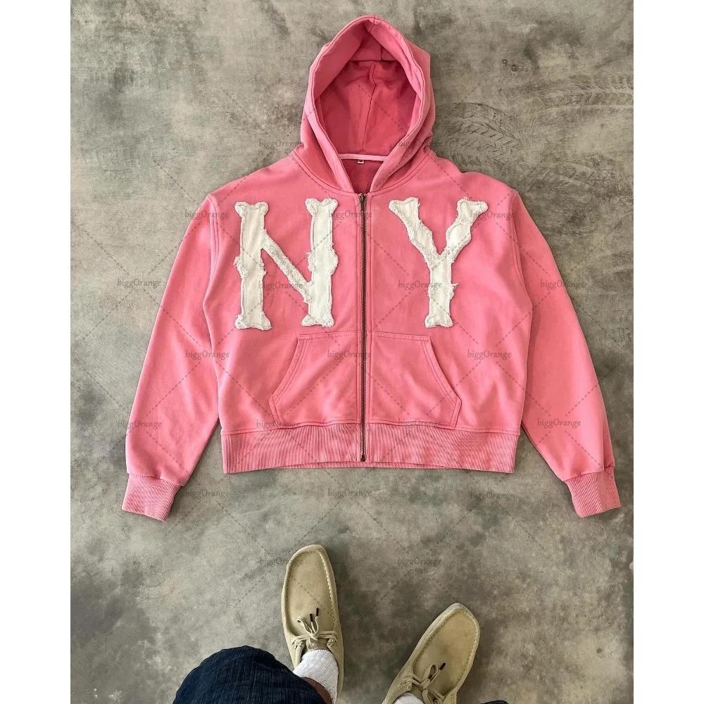 ZYLLO Y2k Harajuku Retro Trendy Brand Letter Embroidery Oversized Swetshirt Women High Street Fashion Loose Zipper Hoodie
