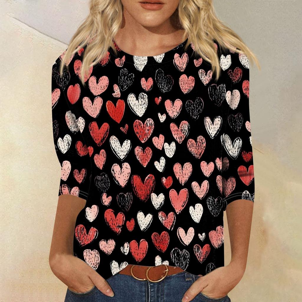 Футболка женская с рукавом 3/4, повседневная футболка с принтом ко Дню святого Валентина, джемпер с круглым вырезом