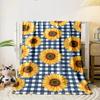 Sunflower Pattern on Blue Checkered Design Flannel blanket for bedroom living room sofa and nap
