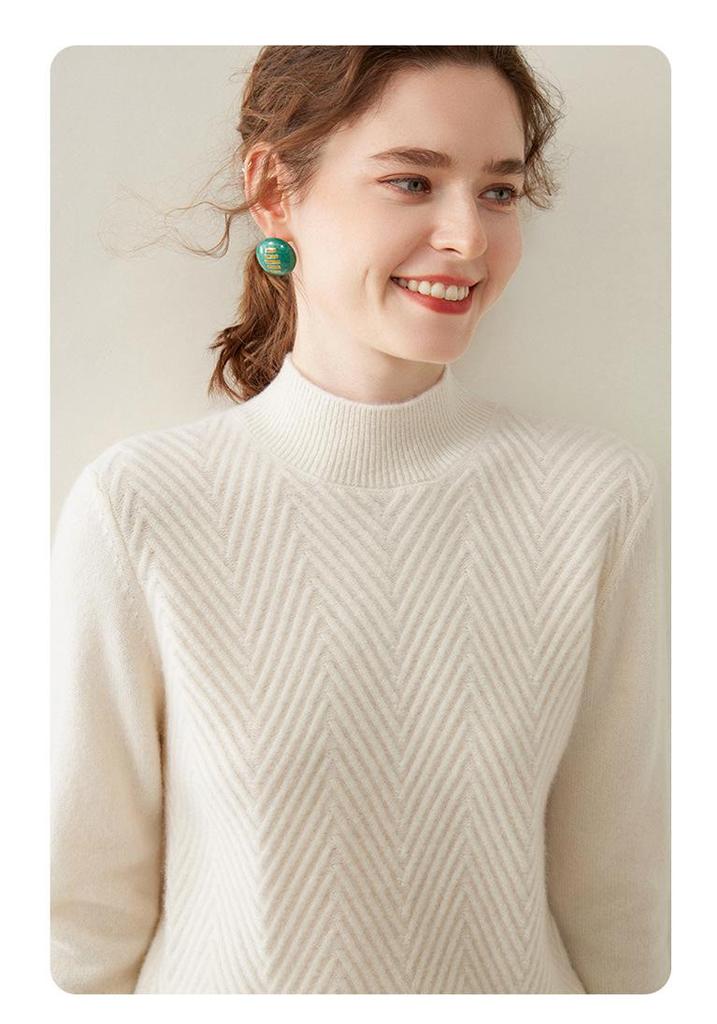 Women's Twist Pattern Cashmere Sweater - Half-High Collar, Knitted Pullover for Autumn/Winter, Loose Fit, Solid Color, Versatile Base Layer.
