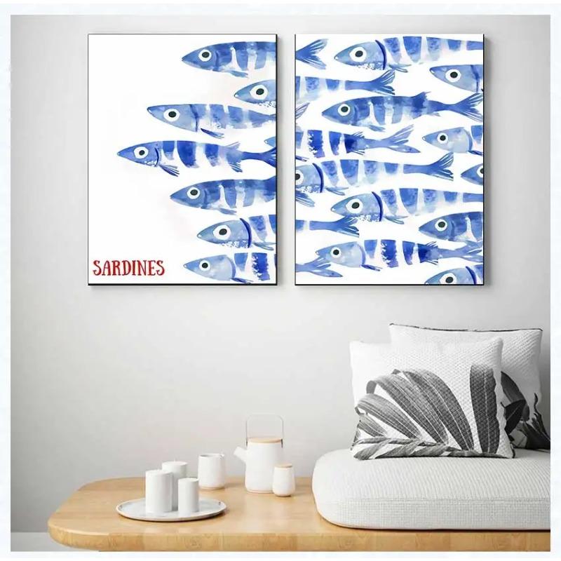 Blue Sardines Fish Canvas Prints Poster Japanese Funny Cute Art Style for Kithren,living Room Wall Home Decor