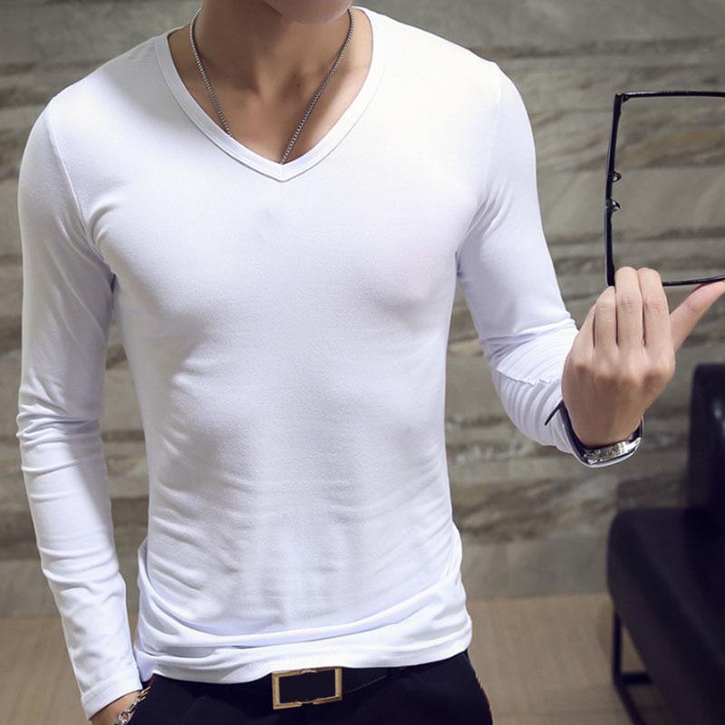 Elastic Mens T-Shirt V-Neck Long Sleeve Men T Shirt For Male Cotton T-Shirts Man Clothing TShirt Top Tees