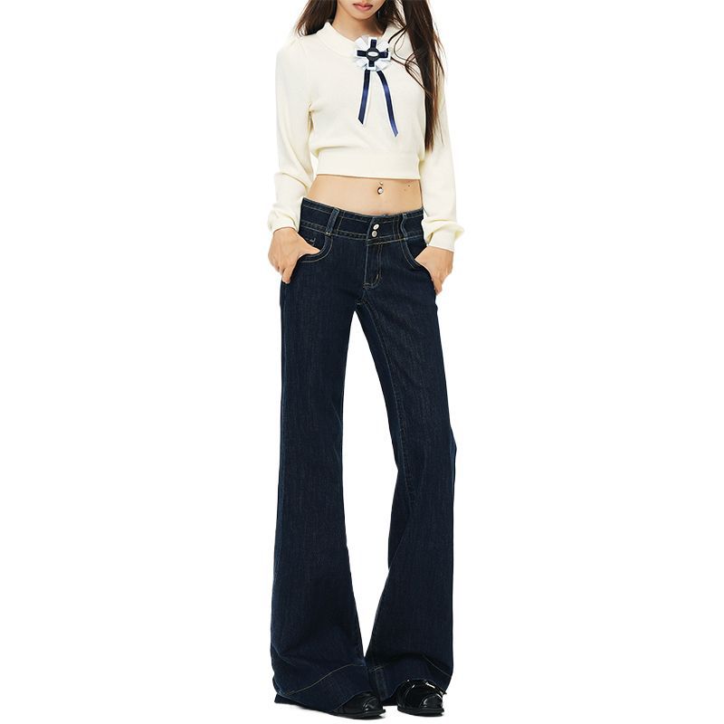Dark blue slightly pulled-down jeans for women's autumn new models do not stick to the legs, look thin and drape, straight floor-mopping pants