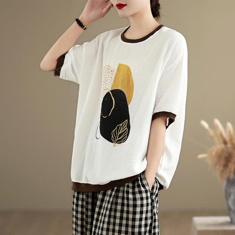 Dimanaf 2025 Летняя футболка больших размеров для женщин с принтом Базовая винтажная свободная повседневная футболка с круглым вырезом