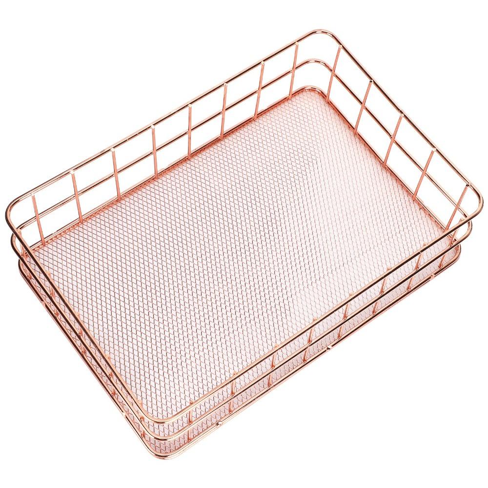 Rose Gold Desktop Organization Basket Iron Grid Wire Storage Organizer Home Office