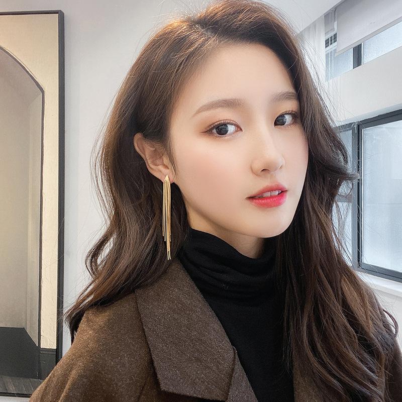 Vintage Gold Color Bar Long Thread Tassel Drop Earrings for Women Glossy Arc Geometric Korean Earring Fashion Jewelry New