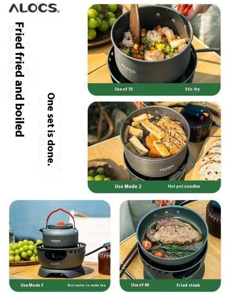 ALOCS Походная посуда для кемпинга 4-в-1 - Кастрюля с резьбовым дном, Компактная конструкция, Семейный кемпинг (2.2л + 1.4) Большая кастрюля + Сковорода + Чайник