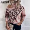 Lapel Leopard Print Sweater Women's Fall/winter Sexy Missing Shoulder Sweater