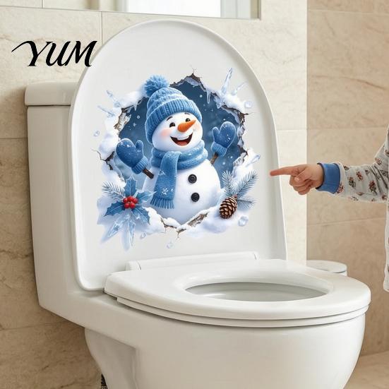 Festive Home Wall Art Christmas Snowman Toilet Stickers, 3D Bathroom Decals, Holiday Glass Door Stickers Waterproof PVC Window Seat Creative