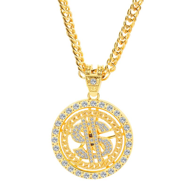 Men Hip Hop Rotating Dollar Pendant Long Necklace Rhinestone Jewelry Accessories