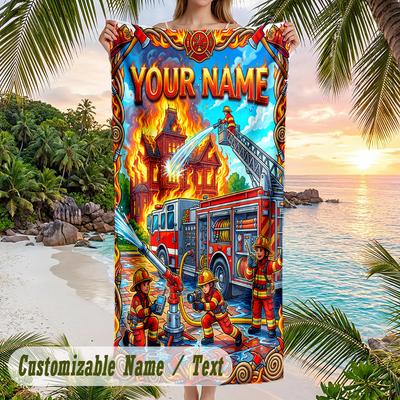 Fire Truck Theme Beach Towel Personalized Custom Name & Text Soft Quick Dry Beach Towel for Swimming Travel