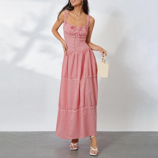 Женское платье макси без рукавов в клетку в клетку с круглым вырезом, длинное платье со сборками, сарафан А-силуэта с рюшами и бретелями, струящийся