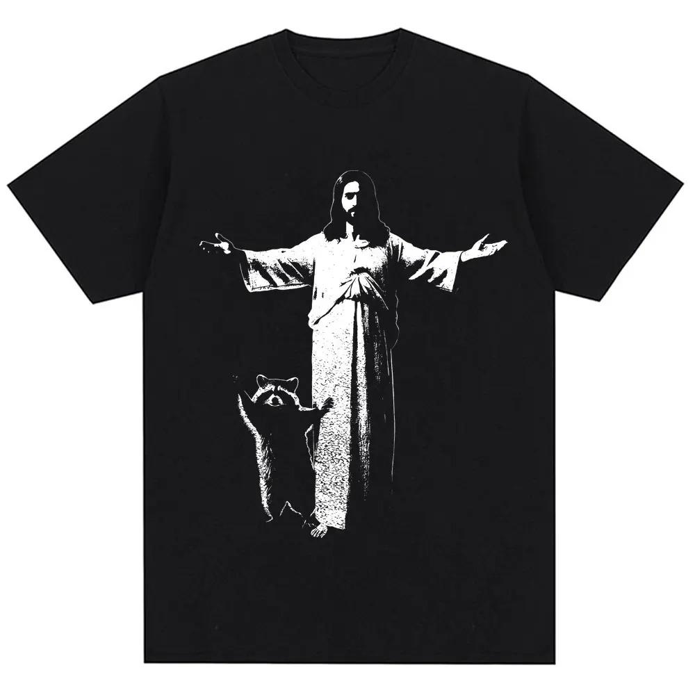 Summer Vintage Fashion Unisex Women ONeck Tshirt Jesus and Raccoon Funny Christian Graphic Tshirt Oversized Cotton Casual Tshirt
