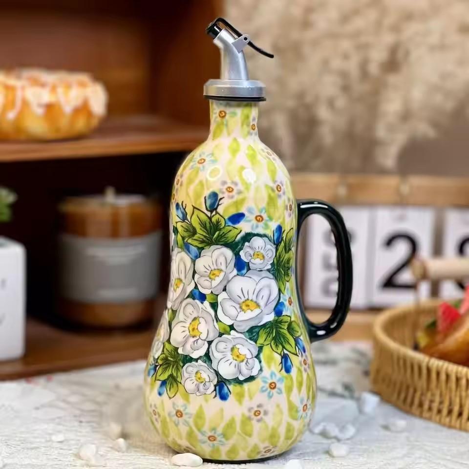 Flowers Plants Ceramic Olive Oil Bottle Soy Sauce Vinegar Multifunctional Kitchen Seasoning Drainage Bottle Kitchen Accessories