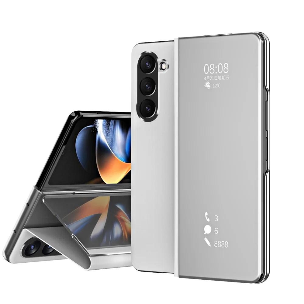 Window Side Luxury Smart Dormancy Case For Samsung Galaxy Z Fold 7 6 5 4 3 Plating Mirror Pu Leather Stand Cover For Z Fold 7