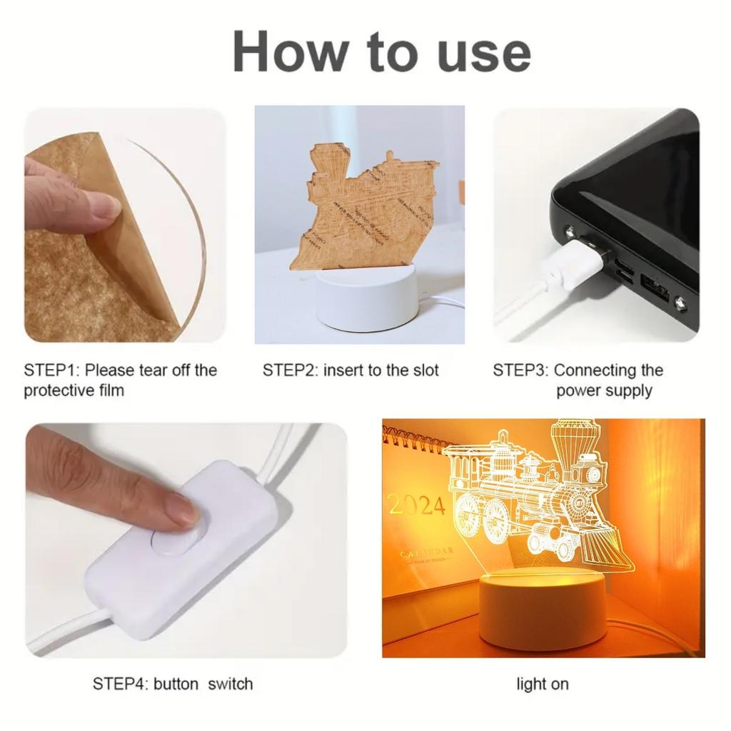 Ретро паровоз 3D ночник, USB монохромный теплый свет, очень подходит для спальни и украшения комнаты