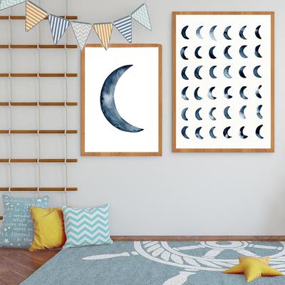 Лунный Арт Принт. Полумесяцы цвета индиго. Художественная печать для детской комнаты. Картина «Темно-синяя луна». Декор комнаты в общежитии с небесными акварельными лунами