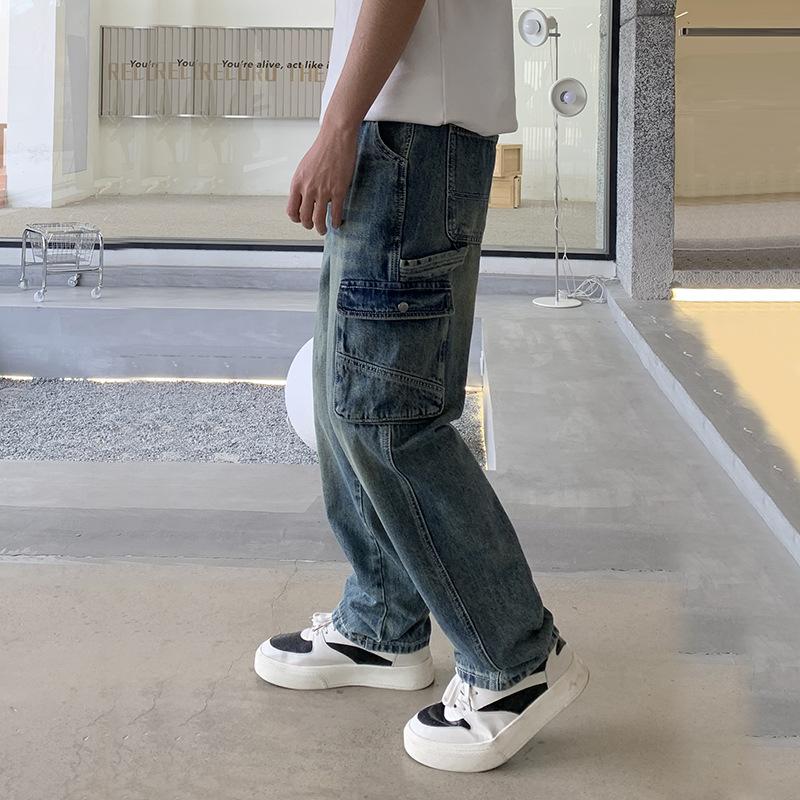 Heavy industry washed jeans men's new loose mopping trousers straight men's casual trendy fashion tooling pants