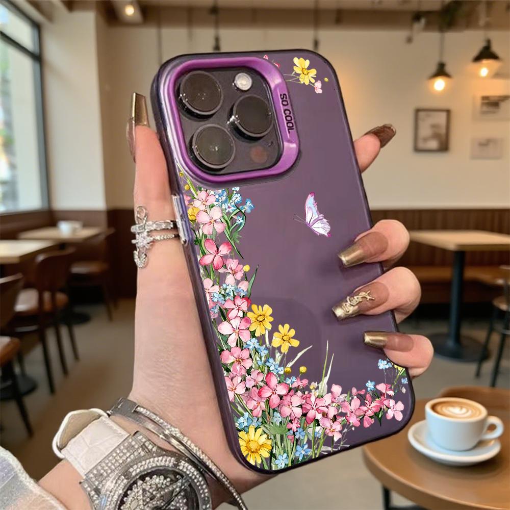 Wildflowers Purple Butterfly Hard Phone Case for Iphone 16 15 14 13 12 11 Pro Max Mini Shockproof Anti-Scratch Protective Cover
