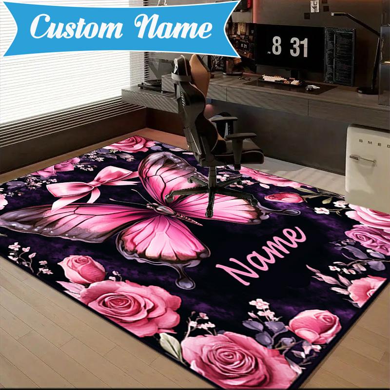 Custom Name Butterfly Garden Rug Game Carpet, Floor Mat for Bedroom Living Room Entryway Rug, Home Decor Idea Gift for Christmas birthday