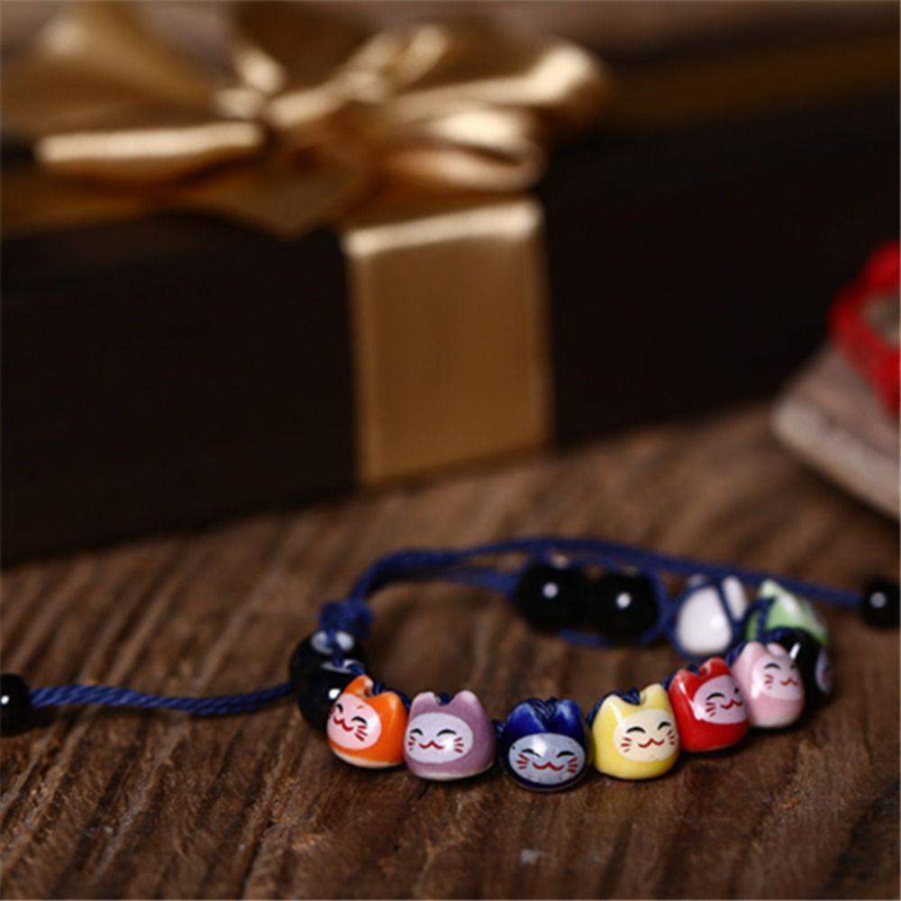 Керамический браслет ручной работы Maneki Neko Lucky Cat с красной нитью, ручная веревка, браслет из бисера с котом для девочек