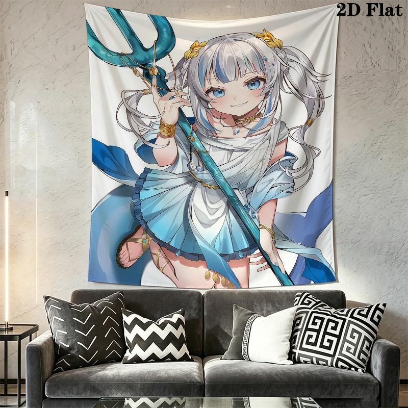 Gawr Gura Wall Tapestry Aesthetic Wall Hanging Printed Fabric Blanket Decorative Tapestries for Bedroom Living Room Home Decor