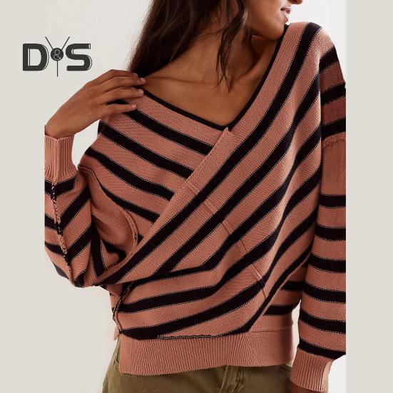 Женский свитер с длинным рукавом, полосатый, цветной, трикотажный свитер с V-образным вырезом, свободный пуловер, джемпер, топы, повседневная одежда