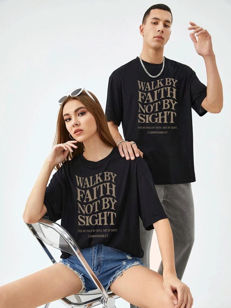 WALK BY FAITH NOT BY SIGHT Slogan Print T-shirts For Women Unisex Short Sleeve White Tees Top 100% Cotton Breathable Casual T Shirt