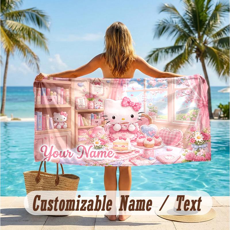 Custom Text Beach Towel, Soft Absorbent Swimming Multi-use TowelHello Kitty