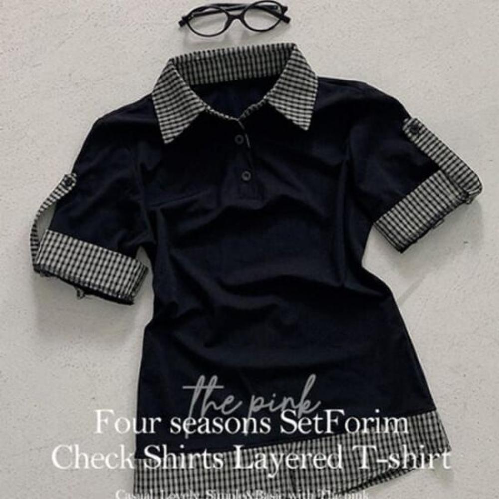 The Pink Check Layered Roll Up ShorT Sleeve T shirT