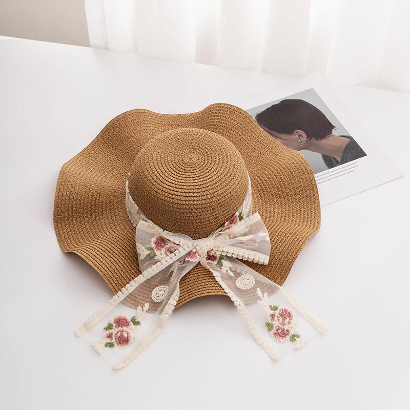 Straw Wide Brim Sun Hat Bowknot Breathable Lace Up Beach Hats Sun Protection Elasticity Hat for Women