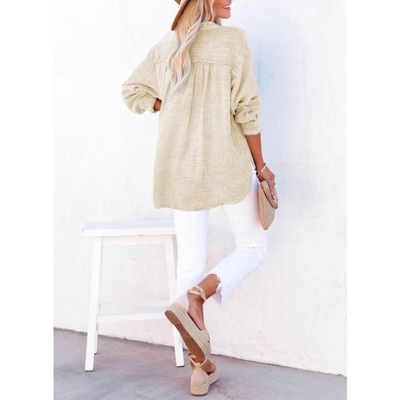 YYFS Women's Fashion Casual Spring Fall Solid Color Print Long Sleeve V-Neck Blouses & Shirts