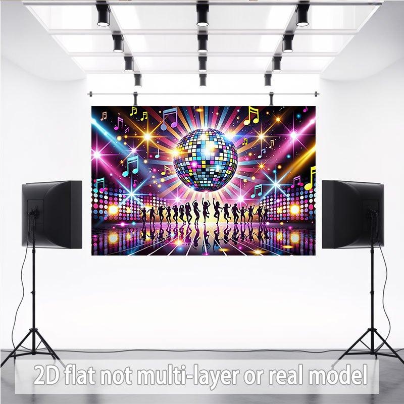 The 2D plane depicts a crowd dancing joyfully under a large disco ball.