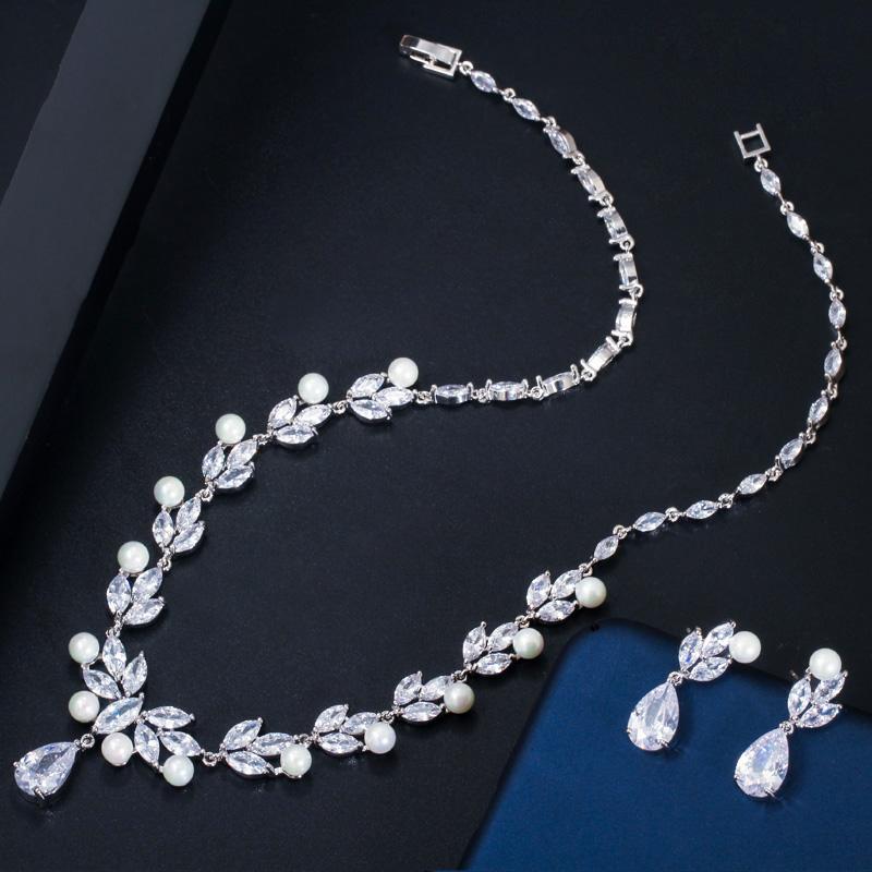 CMM Cubic Zirconia Paved Leaf Flower Drop Artificial Pearl Party Necklace Earrings Jewelry Sets for Women